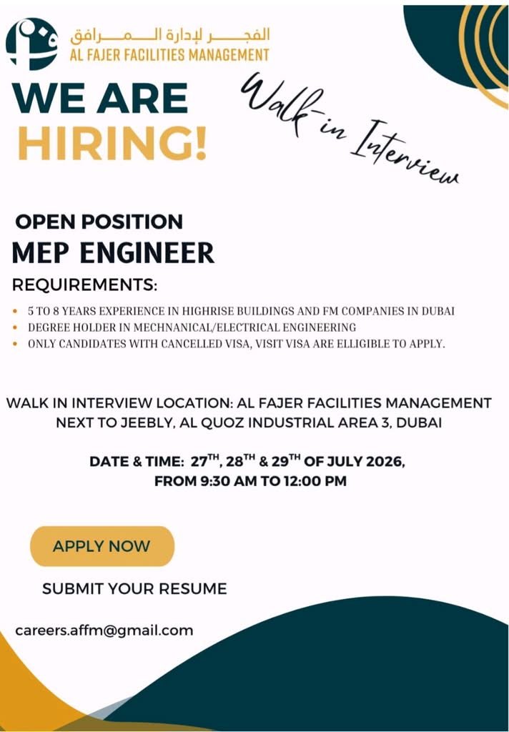 Al Fajer Facilities Management Walk-In Interview 2026 – MEP Engineer, AC Technician, Plumber & Electrician Jobs in Dubai 2 Al Fajer Facilities Management Walk-In Interview 2026 – MEP Engineer & Technical Staff Jobs in Dubai