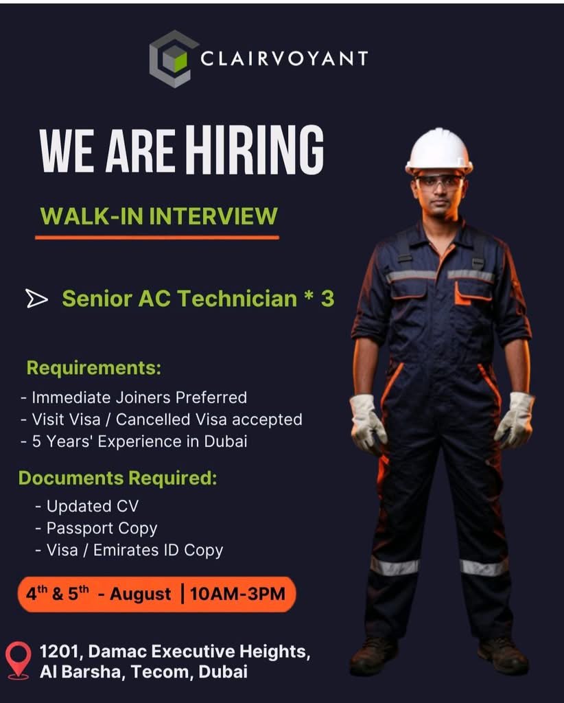 Clairvoyant Facility Management Walk-In Interview 2026 for Senior AC Technician Jobs in Dubai 1 Clairvoyant Facility Management Walk-In Interview 2026 for Senior AC Technician Jobs in Dubai