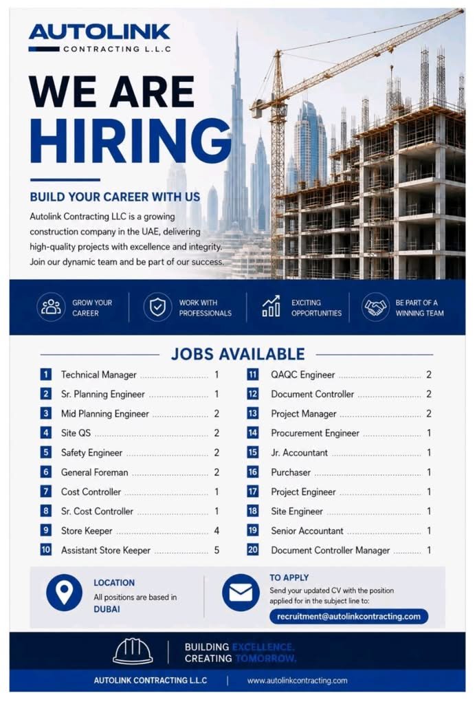 Autolink Contracting LLC Jobs in Dubai 2026 – Multiple Vacancies 1 Autolink Contracting LLC Jobs in Dubai 2026 – Multiple Vacancies