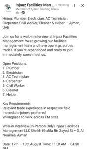 Injaaz Facilities Management Walk-In Interview 2026 | UAE Facilities Management Jobs