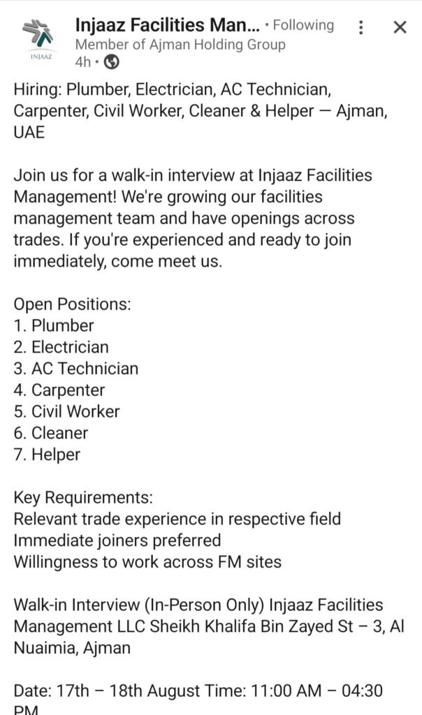 Injaaz Facilities Management Walk-In Interview 2026 | UAE Facilities Management Jobs