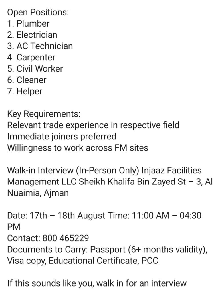 Injaaz Facilities Management Walk-In Interview 2026 | UAE Facilities Management Jobs