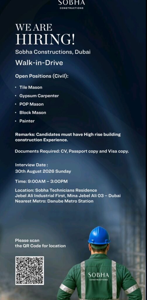Sobha Constructions Jobs in Dubai – Walk-in Interview 2026 1 Sobha Constructions Jobs in Dubai – Walk-in Interview 2026