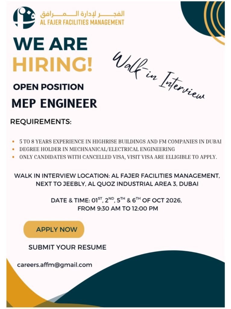Al Fajer Facilities Management Jobs 2026 – AC Technician, Plumber & MEP Engineer