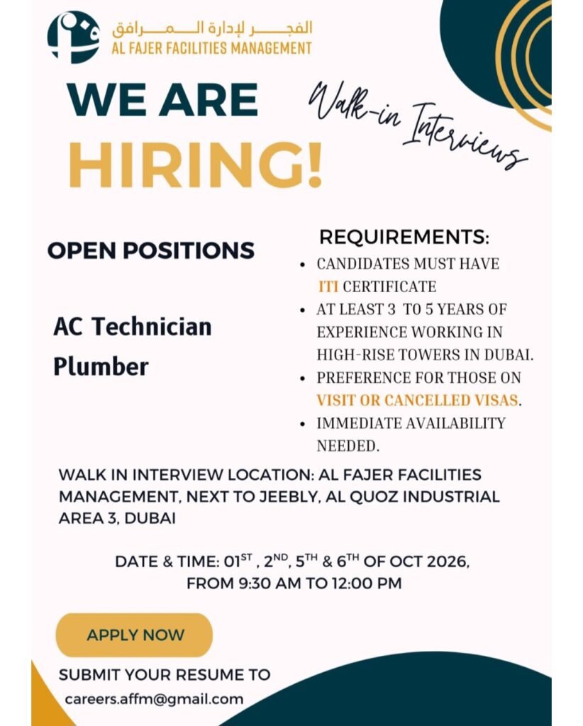 Al Fajer Facilities Management Jobs 2026 – AC Technician, Plumber & MEP Engineer
