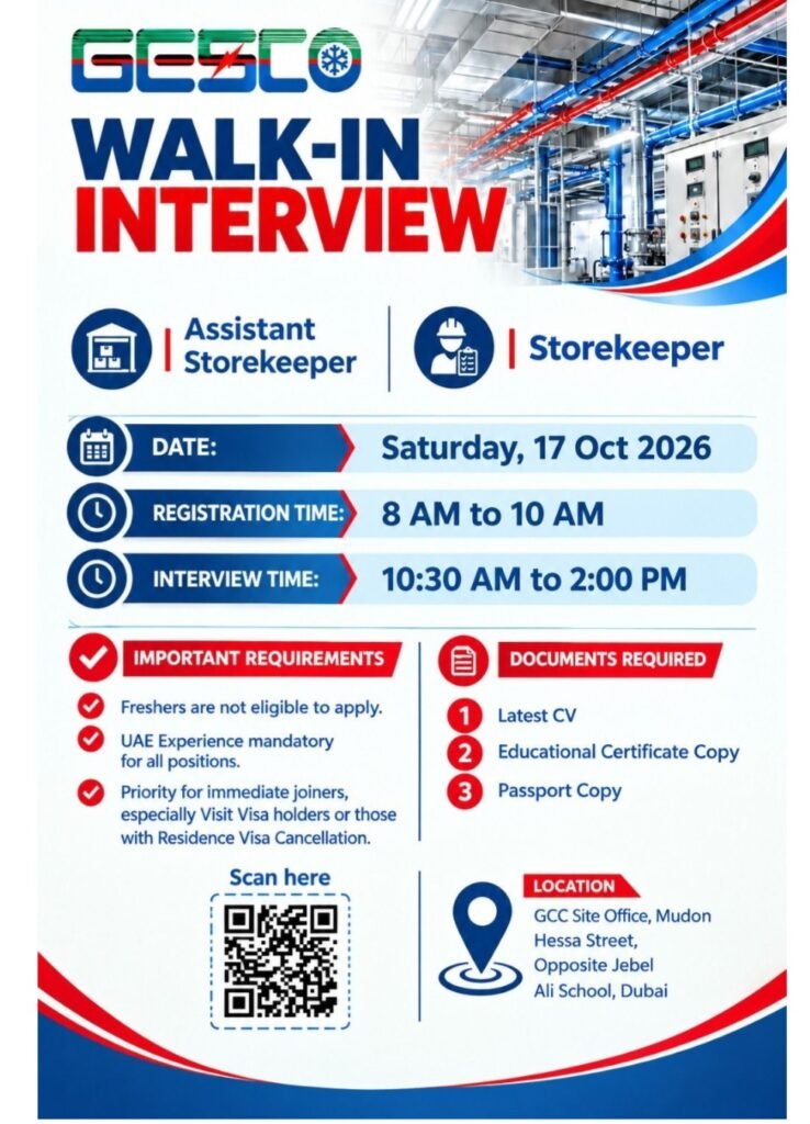 GESCO Walk-In Interview 2026 for Assistant Storekeeper and Storekeeper Jobs in Dubai 1 GESCO Walk-In Interview 2026 for Assistant Storekeeper and Storekeeper Jobs in Dubai