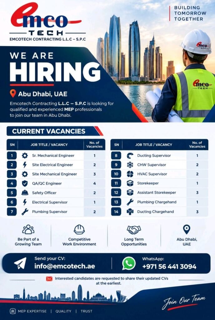 Emcotech Contracting L.L.C – S.P.C Jobs in Abu Dhabi, UAE | 14 Vacancies 1 Emcotech Contracting L.L.C – S.P.C Jobs in Abu Dhabi, UAE | 14 Vacancies
