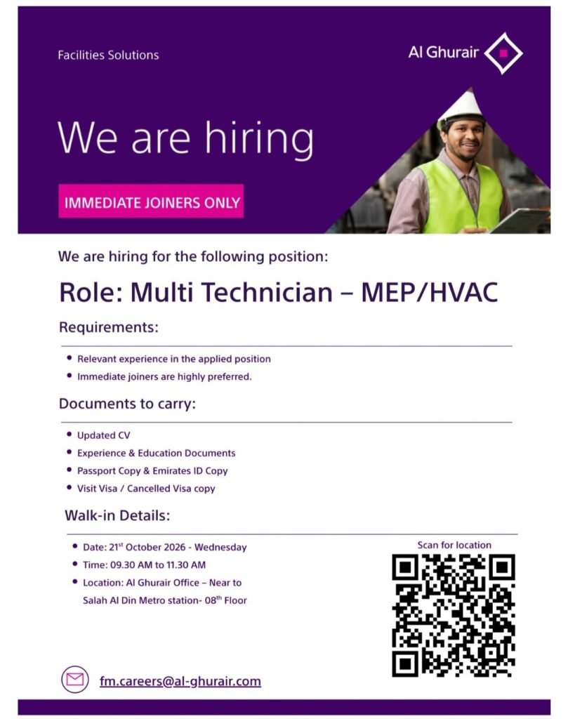 Al Ghurair Infrastructure Careers 2026: Multi Technician – MEP/HVAC Walk-In Interview