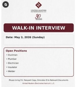 United Masters Electromechanical LLC Walk-in Interview in Dubai – May 3, 2026