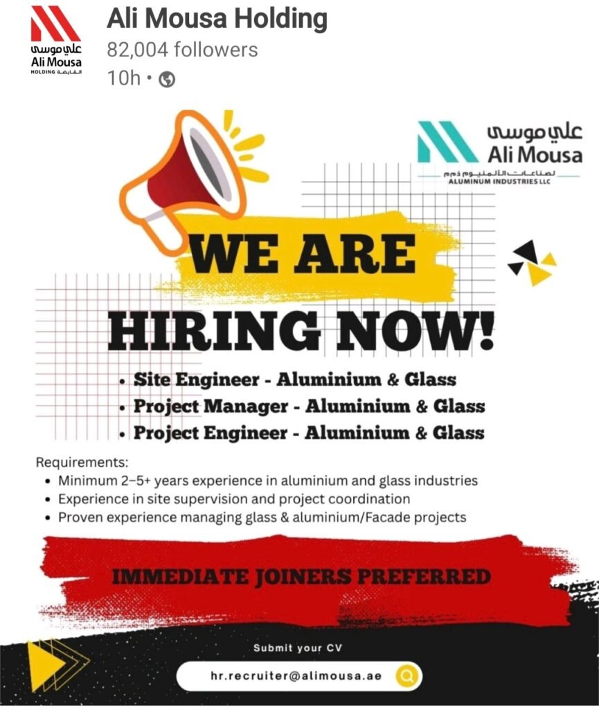 Ali Mousa Holding Is Hiring Now: Site Engineer, Project Manager & Project Engineer – Aluminium & Glass Jobs in UAE 2026 1 Ali Mousa Holding