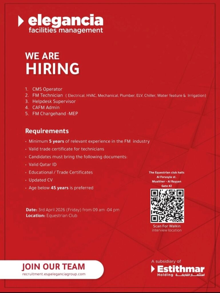 Elegancia Facilities Management Walk-in Interview: Hiring in Qatar (April 3, 2026) 2 Elegancia Facilities Management,