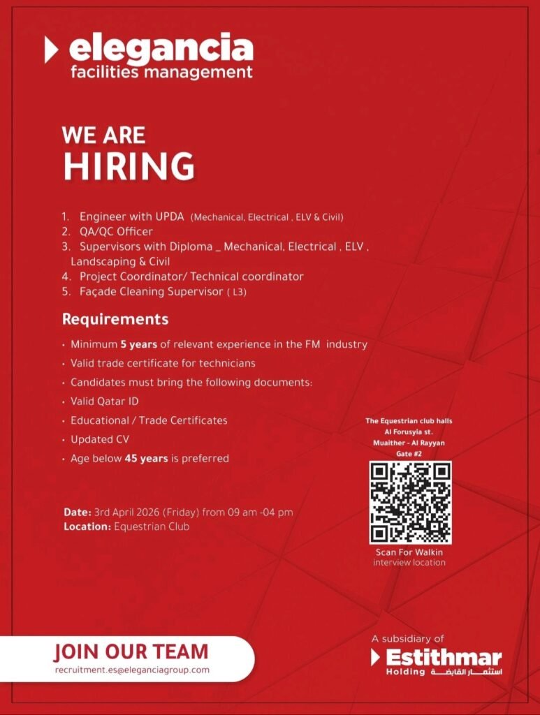 Elegancia Facilities Management Walk-in Interview: Hiring in Qatar (April 3, 2026) 1 Elegancia Facilities Management,