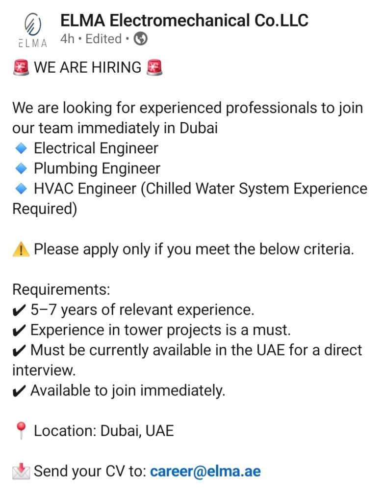 ELMA Electromechanical Co. LLC Hiring 2026: Electrical, Plumbing & HVAC Engineer Jobs in Dubai 1 ELMA Electromechanical Co. LLC