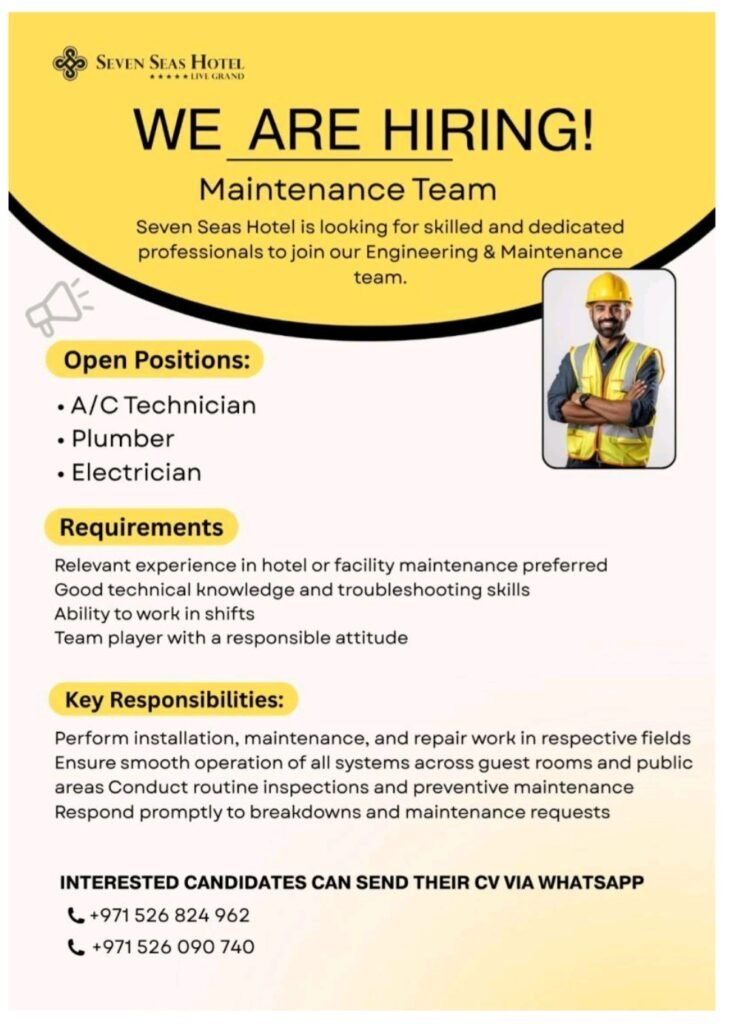 Seven Seas Hotel UAE Is Hiring: A/C Technicians, Plumbers & Electricians – Apply Now 2026 1 Seven Seas Hotel