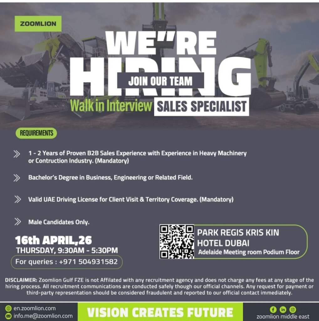Zoomlion Walk-in Interview 2026: Sales Specialist Role in Dubai (16th April) 1 Zoomlion