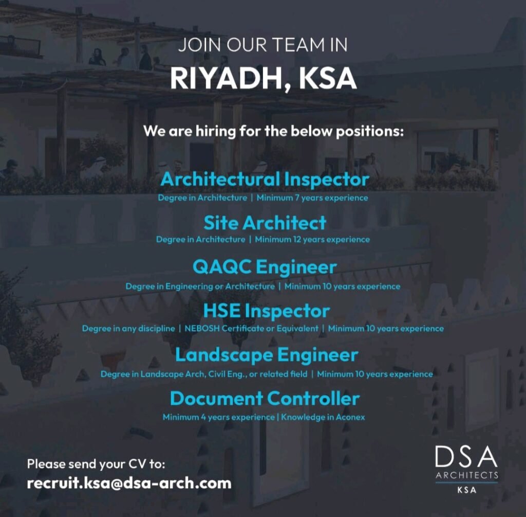 DSA Architects International Hiring in KSA 2026: Multiple Job Openings for Site Architects, QAQC Engineers & More 1 DSA Architects International