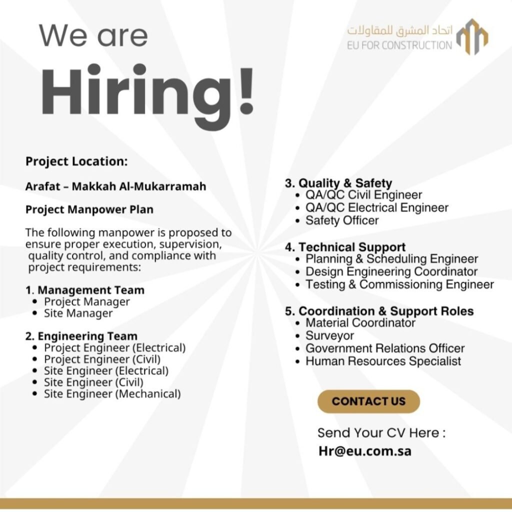 Eastern Union Contracting Hiring in Arafat, Makkah – Multiple Engineering & Management Positions 2026 1 Eastern Union Contracting