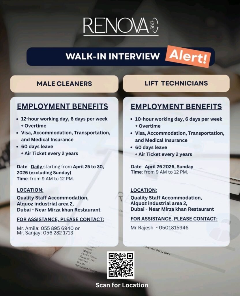 Renova 360 Walk-in Interview in Dubai (April 2026): Cleaners & Lift Technicians