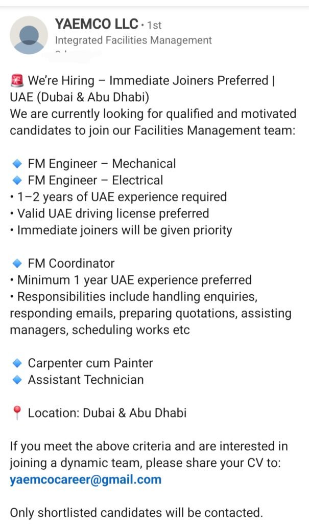 YAEMCO LLC Is Hiring: FM Engineer, Coordinator & Technician Roles in Dubai & Abu Dhabi