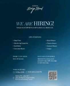 Sobha Siniya Island Walk-In Interviews 2026: Openings for Steel Fixer, Mason, Carpenter & More