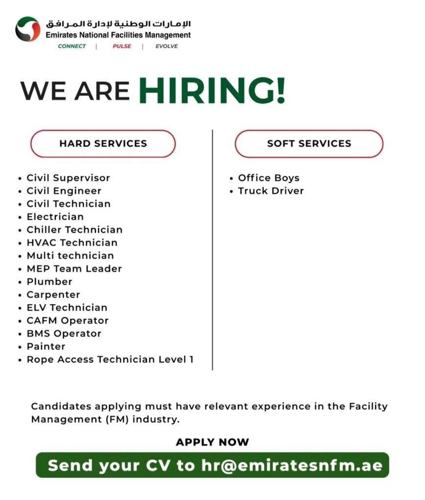 Emirates National Facilities Management Jobs in UAE – Multiple Facility Management Vacancies Open 1 Emirates National Facilities Management Jobs in UAE – Multiple Facility Management Vacancies Open