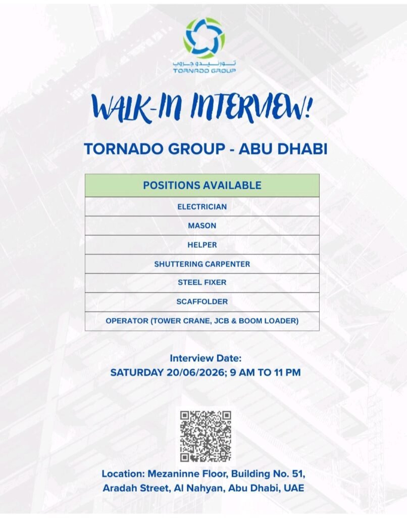 Tornado Group Walk-In Interview Abu Dhabi 2026 – Construction Jobs Hiring Now 1 Tornado Group