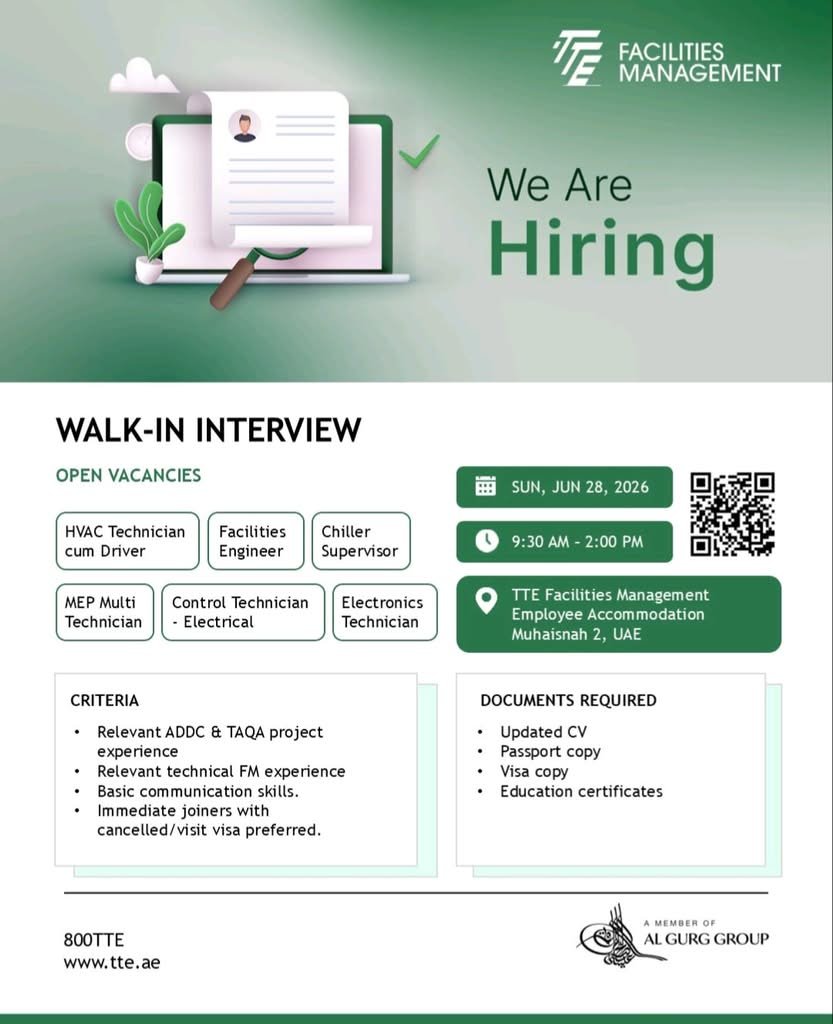 TTE Facilities Management Dubai & Abu Dhabi Walk-In Interview 2026