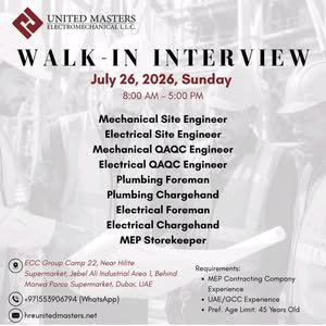 United Masters Electromechanical LLC Walk-In Interview Dubai 2026 – Latest MEP Jobs in UAE 1 United Masters Electromechanical LLC Walk-In Interview Dubai 2026 – Latest MEP Jobs in UAE