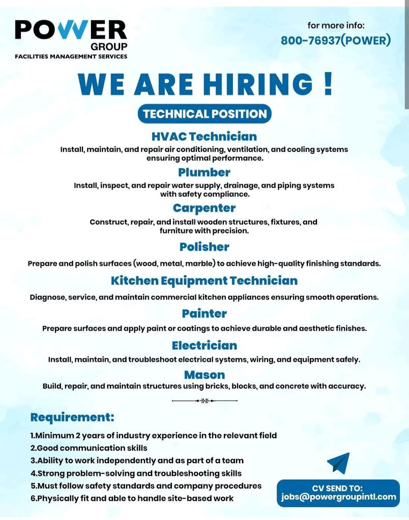 Power Group Facilities Management Is Hiring: Multiple Technician Jobs in Dubai (2026) 1 Power Group Facilities Management Is Hiring: Multiple Technician Jobs in Dubai (2026)
