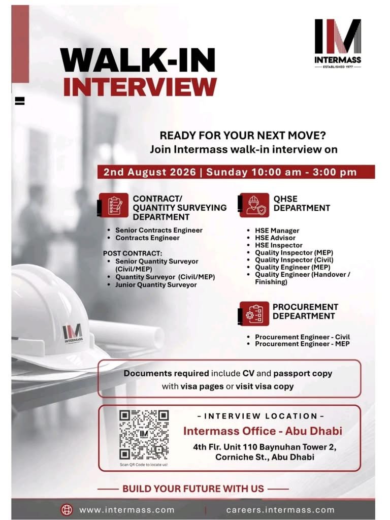 Intermass Engineering & Contracting Walk-In Interview 2026 | UAE Job Vacancies 1 Intermass Engineering & Contracting Walk-In Interview 2026 | UAE Job Vacancies