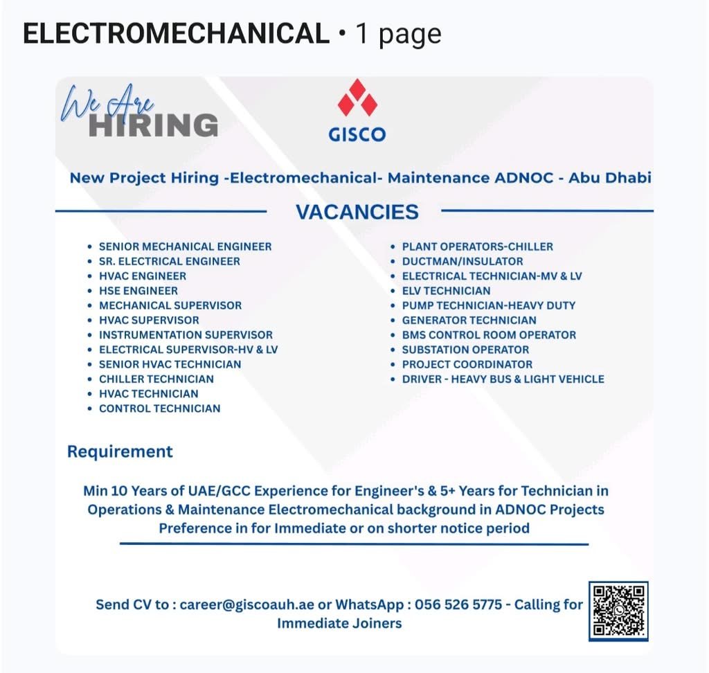 GISCO Electromechanical Maintenance Project Jobs in Abu Dhabi 2026 | Apply Now 1 GISCO Electromechanical Maintenance Project Jobs in Abu Dhabi 2026 | Apply Now