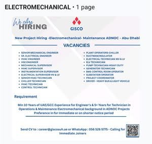 GISCO Electromechanical Maintenance Project Jobs in Abu Dhabi 2026 | Apply Now