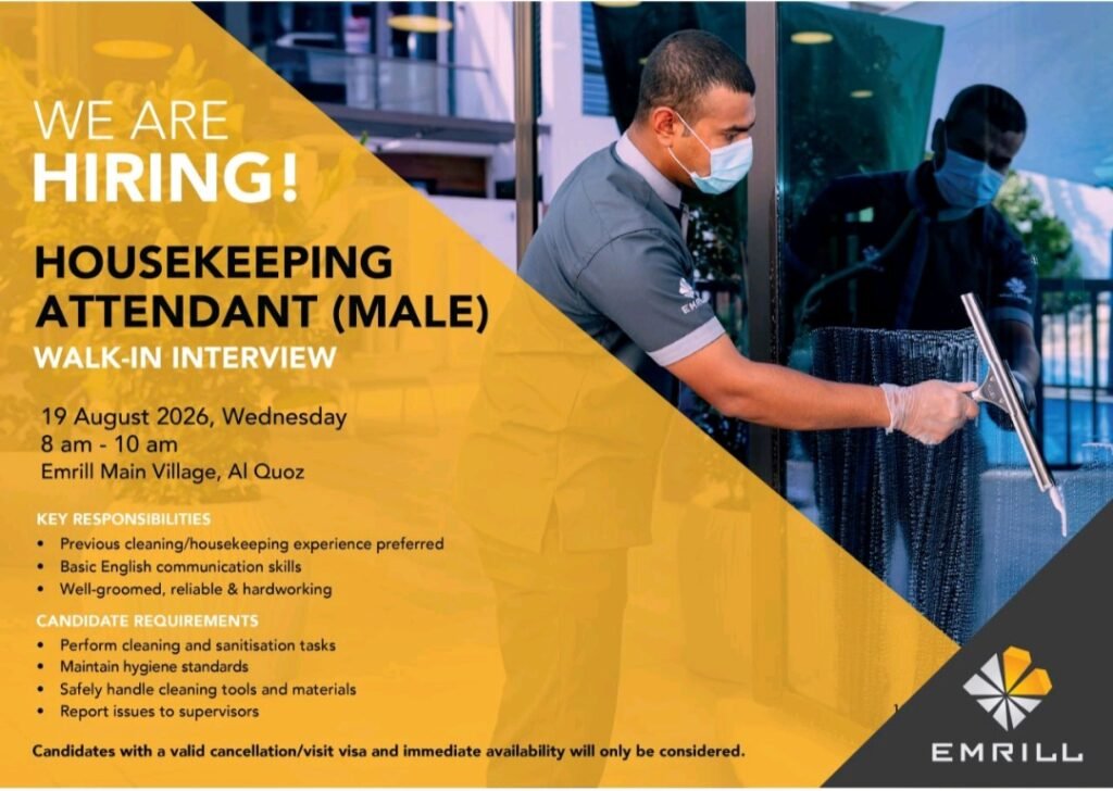 Emrill Services LLC Housekeeping Attendant (Male) Walk-In Interview Dubai 2026 1 Emrill Services LLC Housekeeping Attendant (Male) Walk-In Interview Dubai 2026