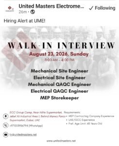 United Masters Electromechanical LLC Walk-In Interview Dubai 2026 – Latest MEP Jobs in UAE 1 United Masters Electromechanical LLC Walk-In Interview Dubai 2026 – Latest MEP Jobs in UAE