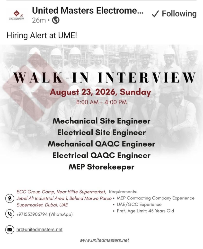 United Masters Electromechanical LLC Walk-In Interview Dubai 2026 – Latest MEP Jobs in UAE