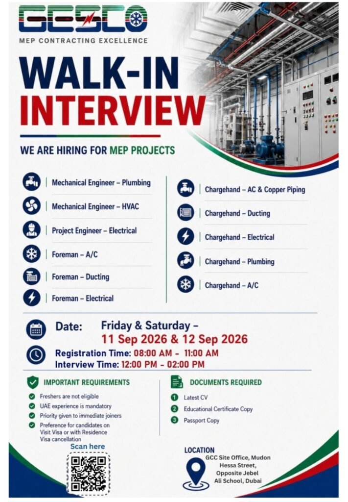 GESCO Walk-In Interview 2026: Ginco Electrical & Sanitary Contracting Hiring for Engineers, Foremen & Chargehands in Dubai 1 GESCO Walk-In Interview 2026: Ginco Electrical & Sanitary Contracting Hiring for Engineers, Foremen & Chargehands in Dubai