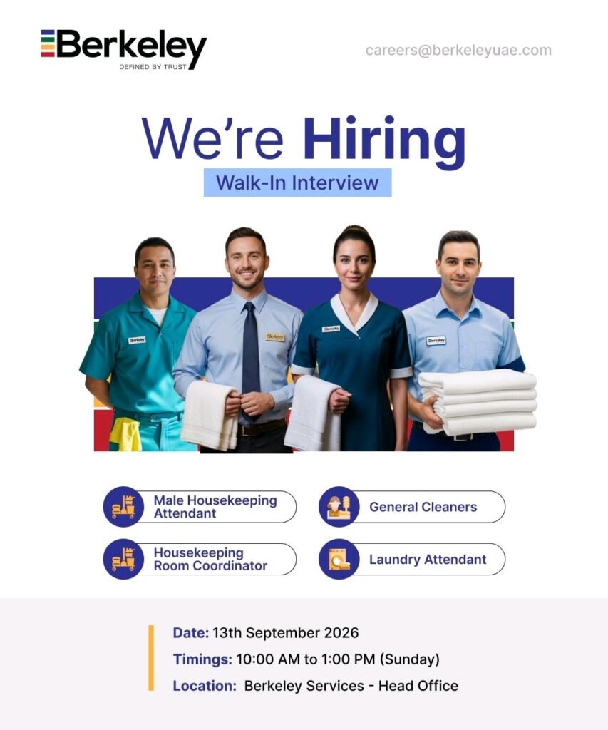 Berkeley Services Jobs in UAE – Walk-In Interview for Housekeeping & Cleaning Staff