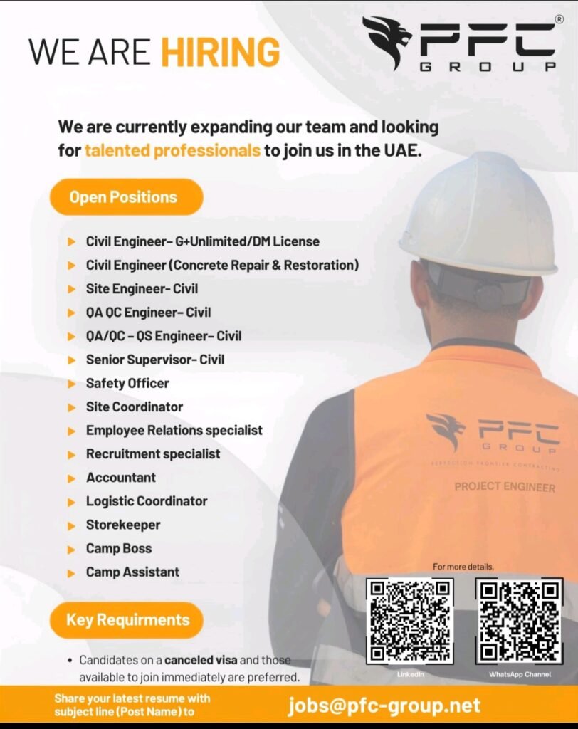 PFC Group Jobs in UAE – Multiple Vacancies for Civil, Engineering & Support Staff 1 PFC Group Jobs in UAE – Multiple Vacancies for Civil, Engineering & Support Staff
