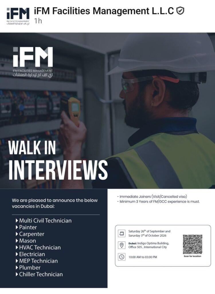 iFM Facilities Management L.L.C Jobs in UAE – Walk-In Interviews 2026 1 iFM Facilities Management L.L.C Jobs in UAE – Walk-In Interviews September 2026