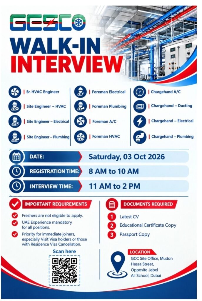 GESCO Walk-In Interview 2026 – HVAC, Electrical, Plumbing & MEP Jobs in Dubai 1 GESCO Walk-In Interview 2026 – HVAC, Electrical, Plumbing & MEP Jobs in Dubai