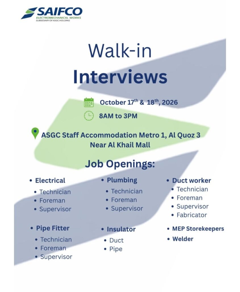 SAIFCO Electromechanical Works Jobs in Dubai – Walk-In Interviews 2026