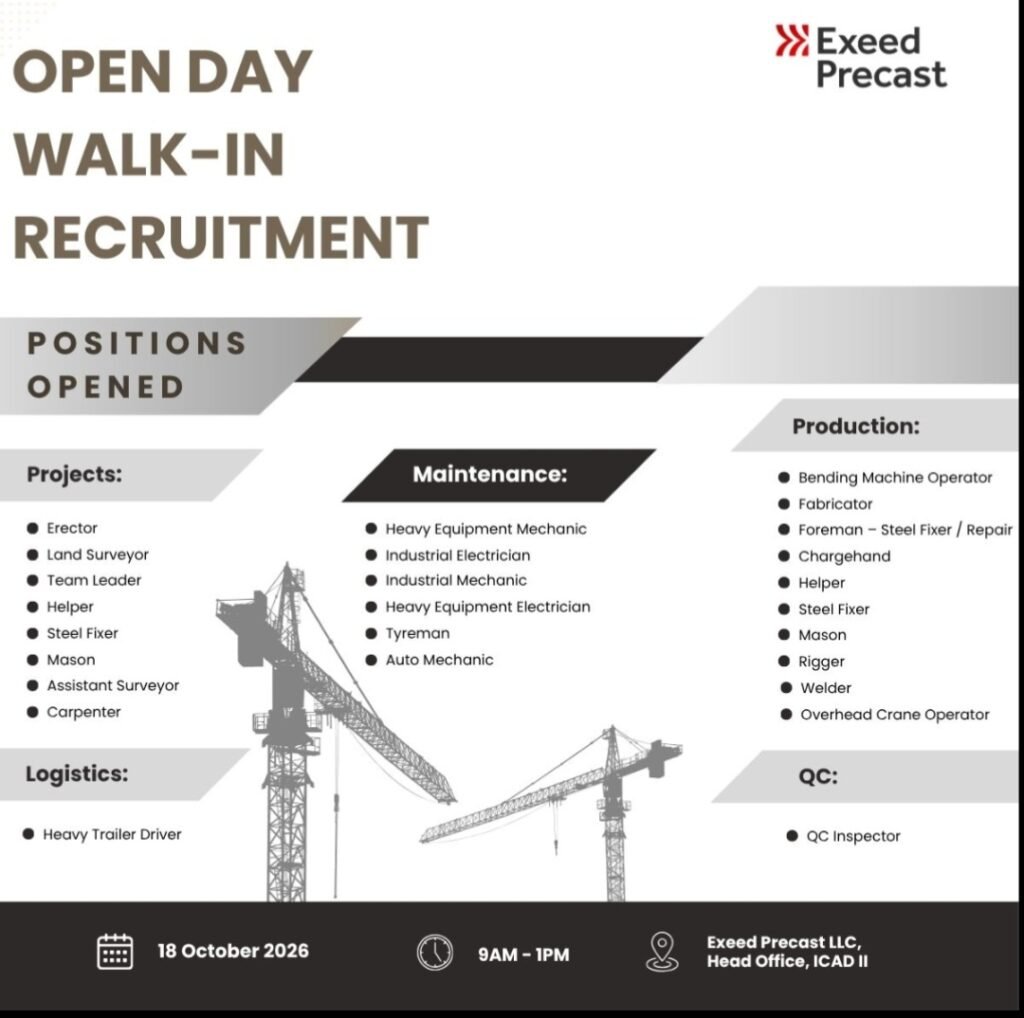 Exeed Precast Jobs 2026: Walk-In Interview for Construction & Industrial Positions 1 Exeed Precast Jobs 2026: Walk-In Interview for Construction & Industrial Positions