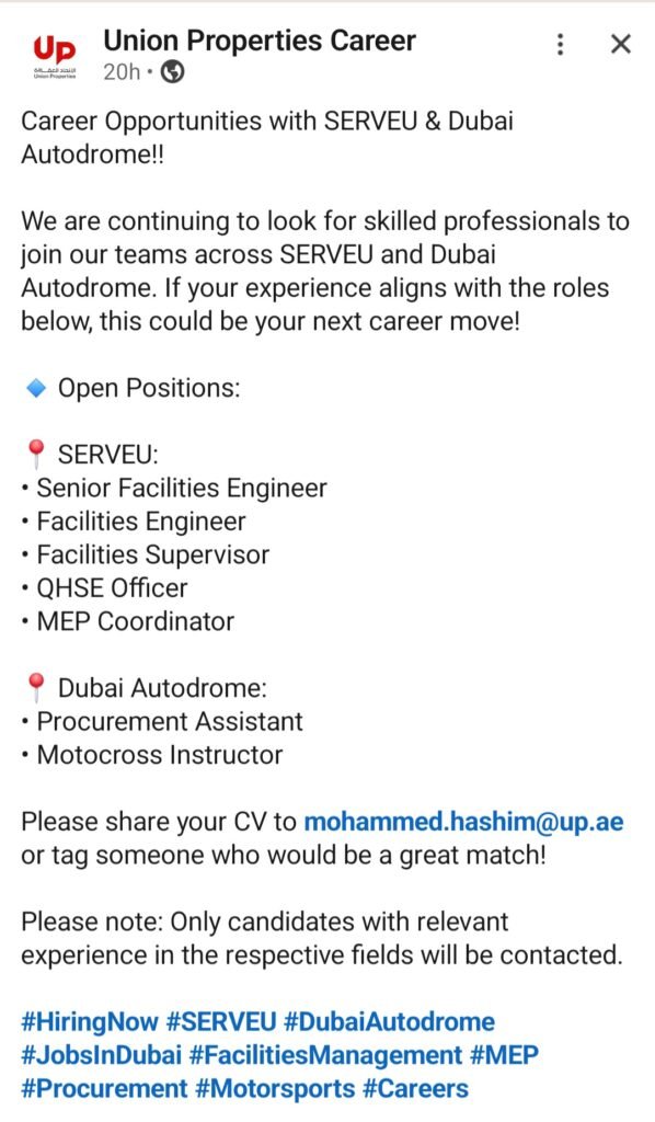 Exciting Career Opportunities at SERVEU & Dubai Autodrome – Join Union Properties Today 2026 1 SERVEU