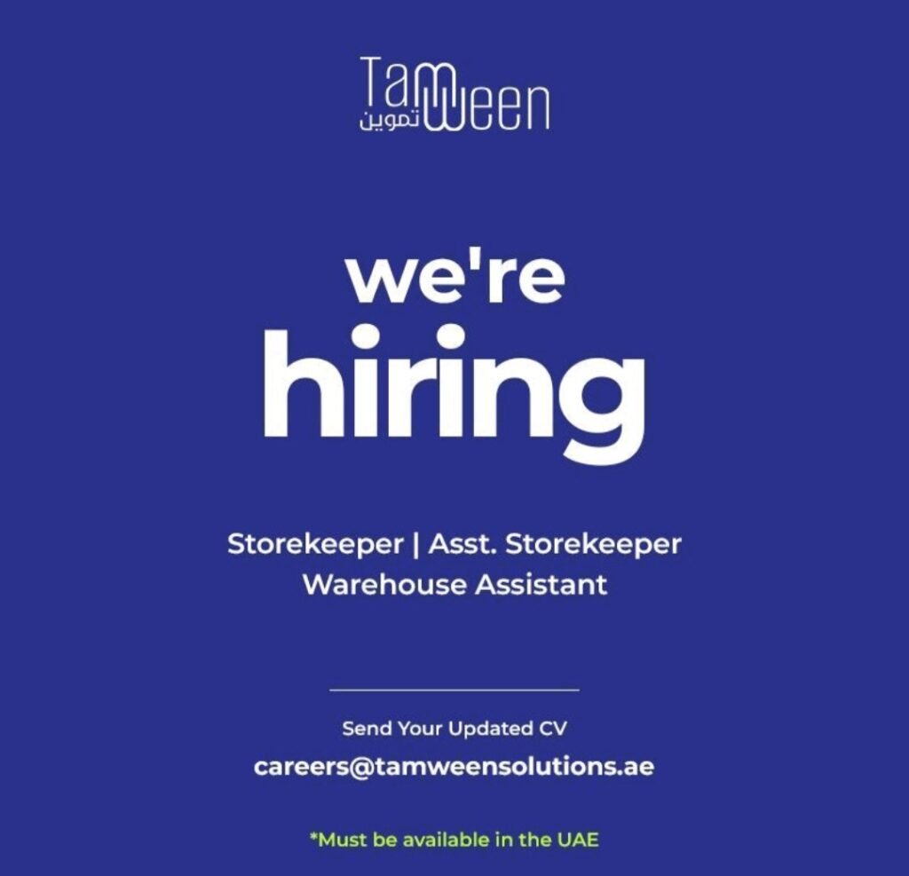 Tamween Solutions UAE Careers 2026 – Storekeeper, Assistant Storekeeper & Warehouse Assistant Jobs in UAE 1 Tamween Solutions