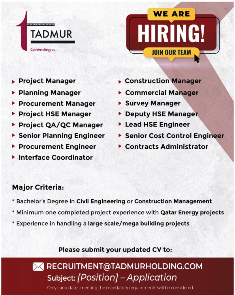 Tadmur Contracting W.L.L Qatar Jobs 2026 – Latest Construction & Engineering Vacancies 1 Tadmur Contracting