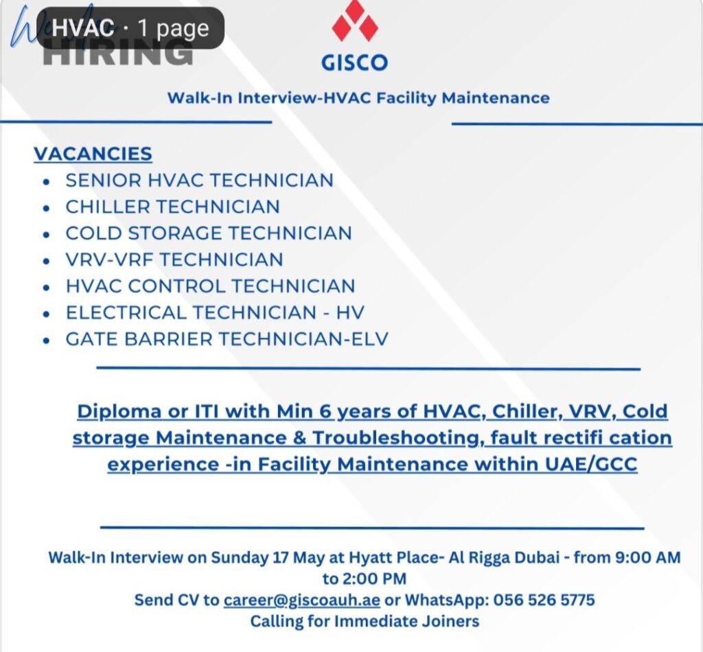 GISCO Walk-In Interview 2026 for HVAC Facility Maintenance Jobs in Dubai 1 GISCO Walk-In Interview 2026