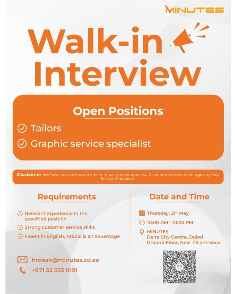 Minutes UAE Walk-In Interview 2026 for Tailors and Graphic Service Specialist 1 Minutes Quick Services