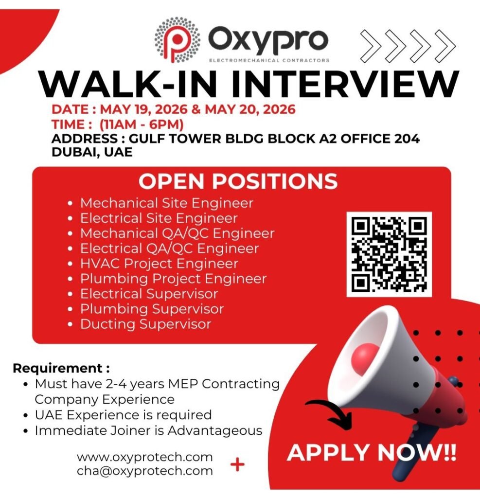 Oxypro Electromechanical Contractors Walk-In Interview in Dubai UAE 2026 1 Oxypro Electromechanical Contractors