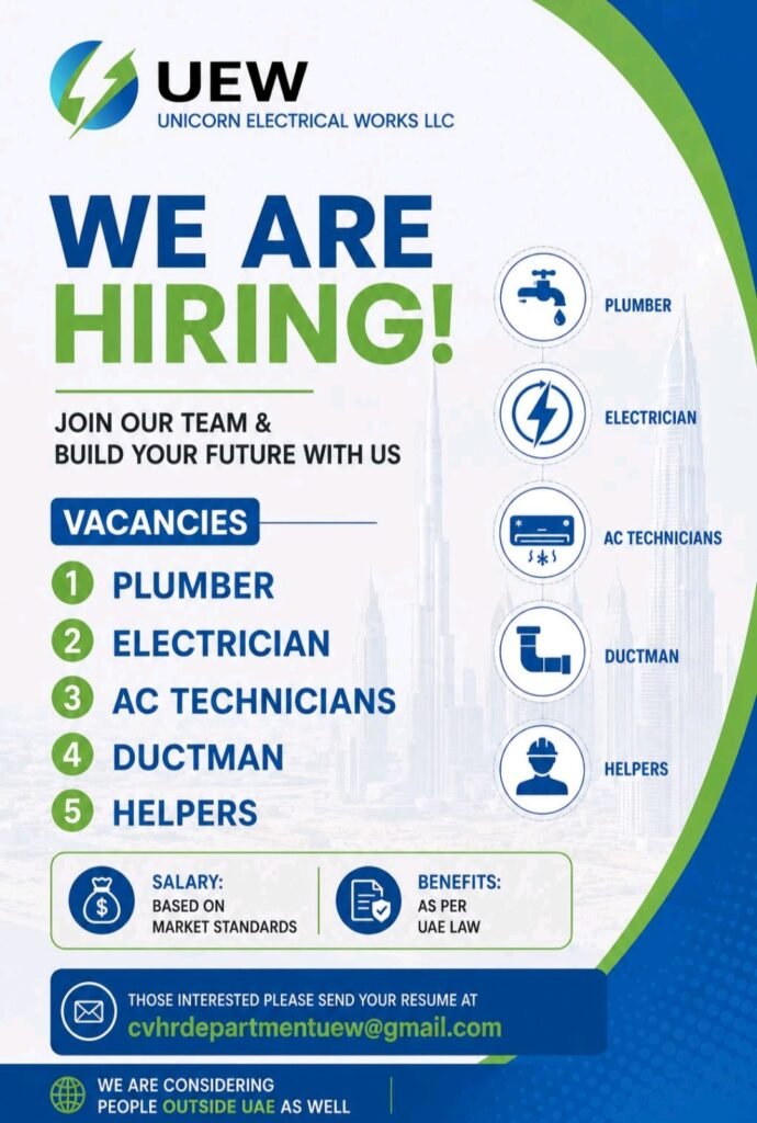 Unicorn Electrical Works Careers UAE 2026 – Latest Hiring for Plumbers, Electricians & AC Technicians 1 Unicorn Electrical Works Careers UAE 2026 – Latest Hiring for Plumbers, Electricians & AC Technicians