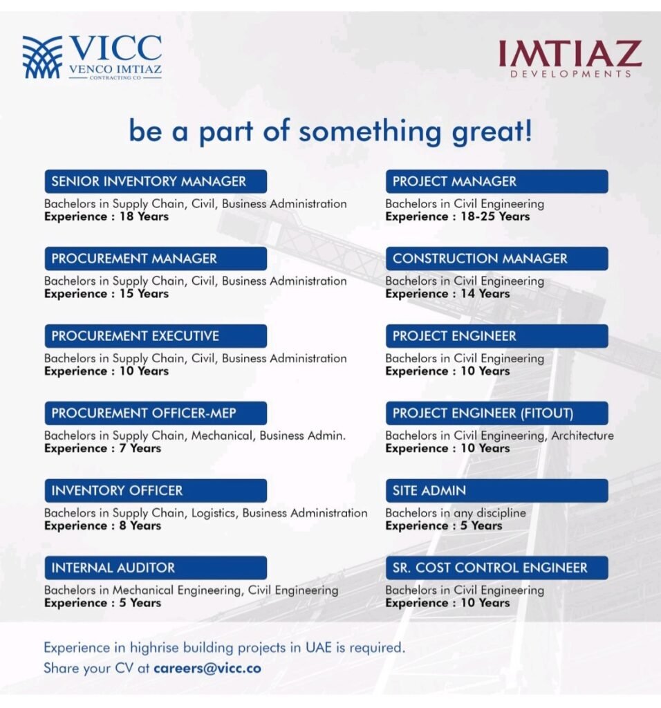 Venco Imtiaz Contracting Careers UAE 2026 – Latest Construction Jobs in Dubai 1 Venco Imtiaz Contracting